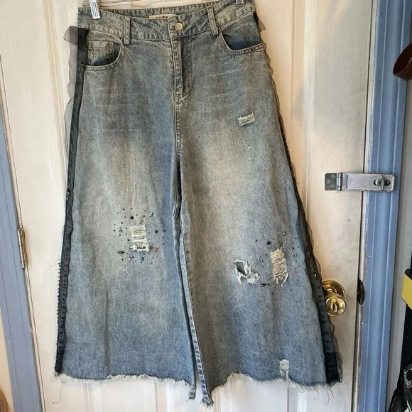 Vtg 90s Jeans Fairy Goth Destress Wide Leg High Rise Women’s S Korea Design Blue - Picture 11 of 13